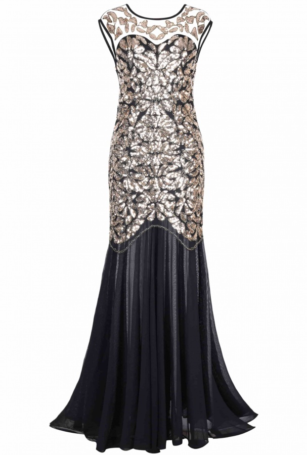 4000-21 Платье Гэтсби длинное черное с золотом