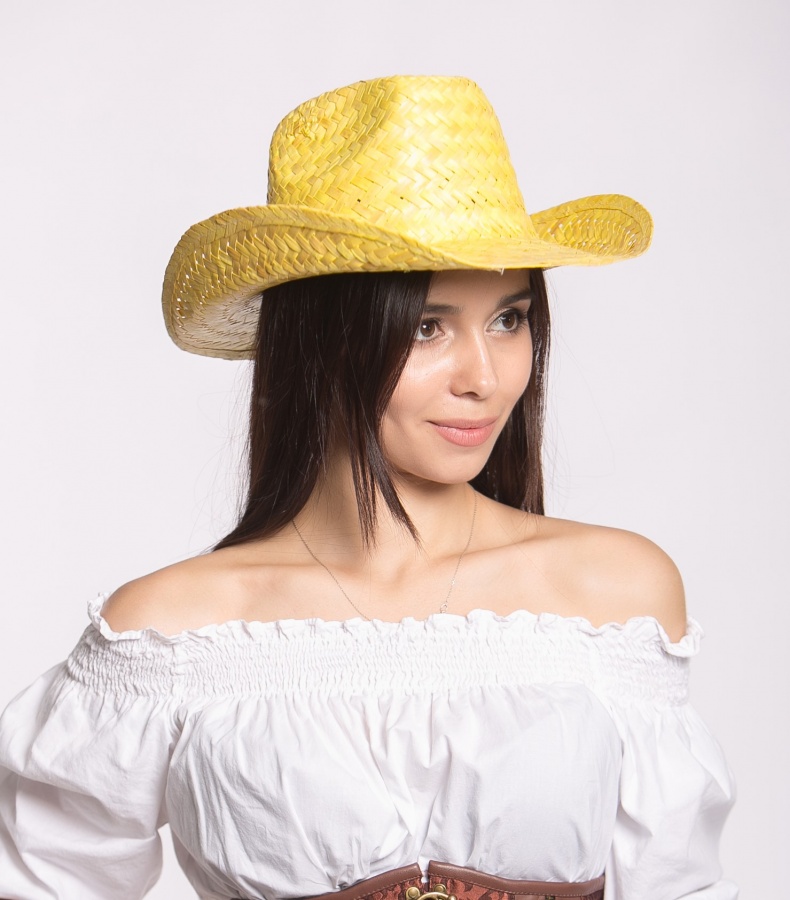 3050-94 Шляпа ковбойская желтая, плетенка напрокат и купить в Казани по низкой оптовой цене, доставка по всей России