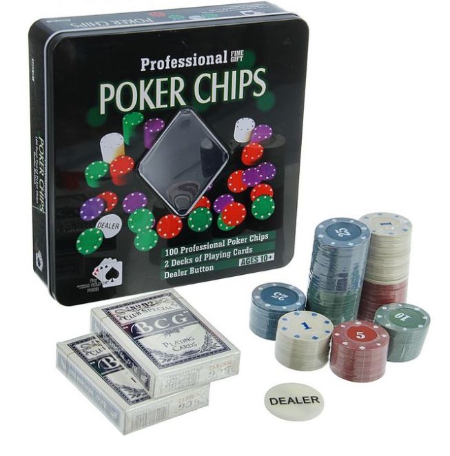 4616-1 Набор для покера Professional Poker Chips: 100 фишек, 2 колоды карт по 54 шт., метал. коробка напрокат и купить в Казани по низкой оптовой цене, доставка по всей России