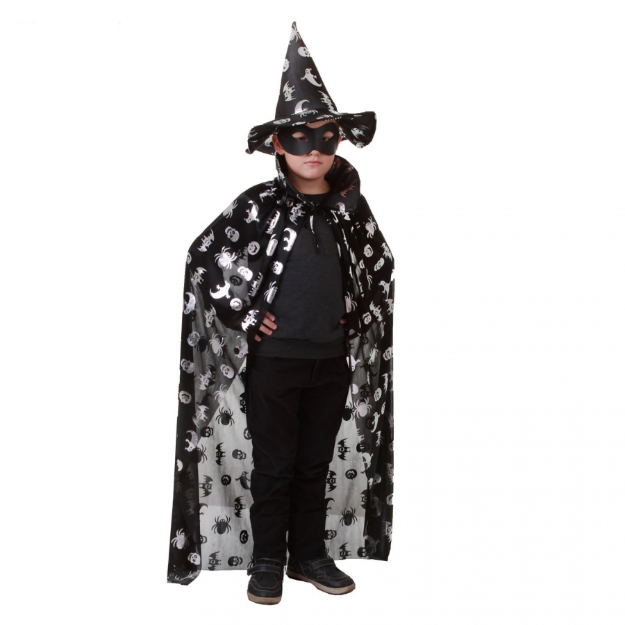 6617-14 Костюм Хэллоуин (плащ 85см) черный с серебр. черепами,пауками,мышками напрокат и купить в Казани по низкой оптовой цене, доставка по всей России 6617-14 Костюм Хэллоуин (плащ 85см) черный с серебр. черепами,пауками,мышками напрокат и купить в Казани по низкой оптовой цене, доставка по всей России