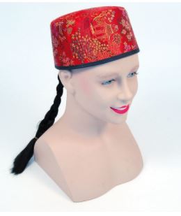 9864-3 Шляпа китайская красная с косичкой