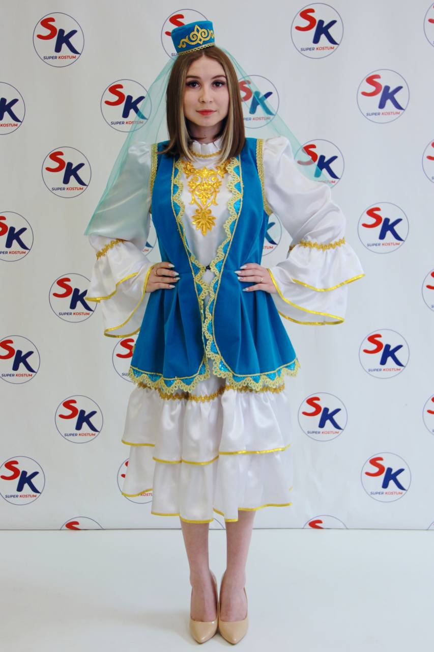 2220-071 Татарский национальный костюм - платье миди Люкс, жилет с баской Люкс, калфак R