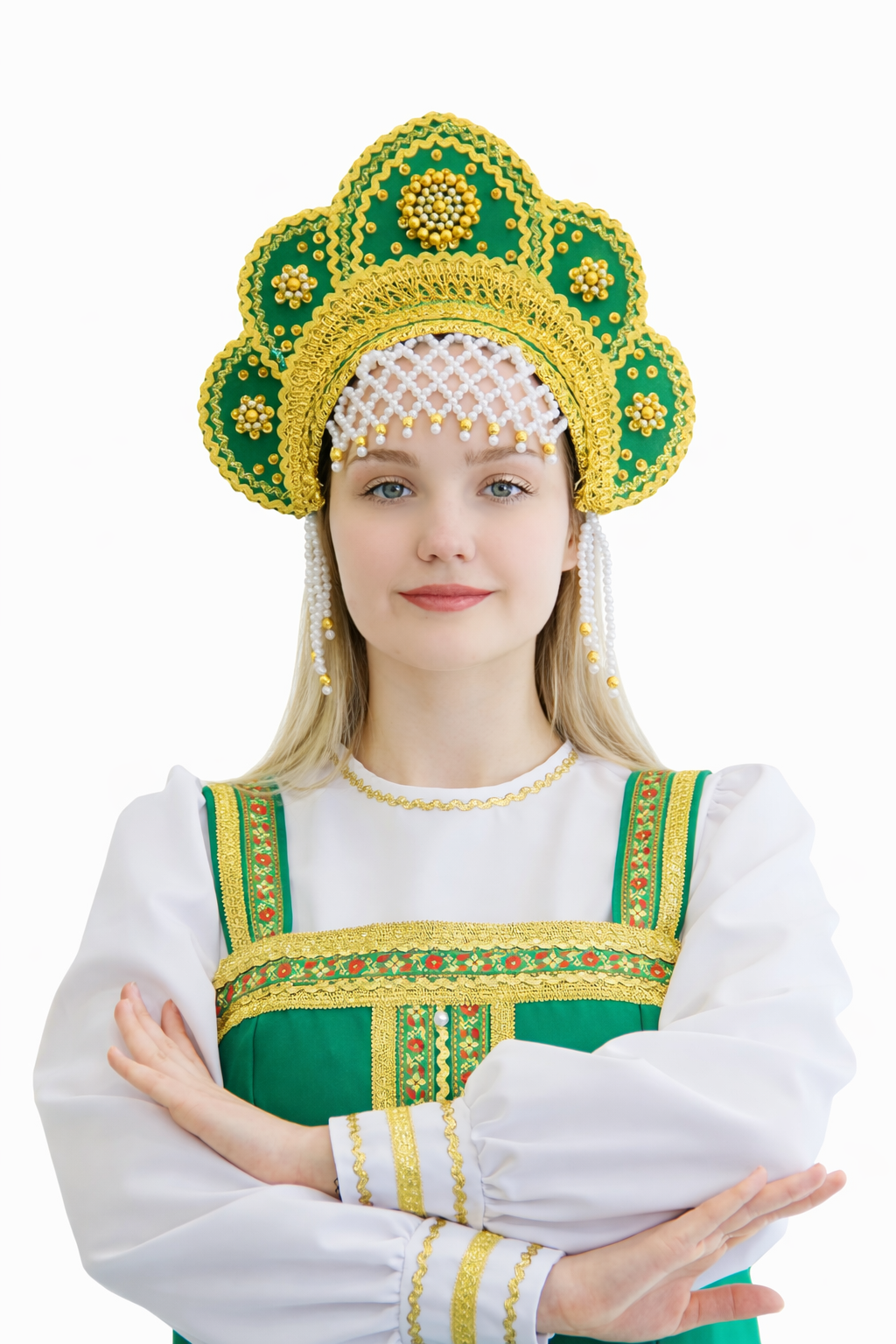 3070-26 Кокошник «Яна» зеленый-золото напрокат и купить в Казани по низкой оптовой цене, доставка по всей России