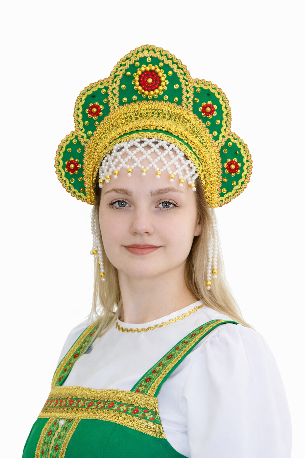 3070-23 Кокошник «Яна» зеленый-красный напрокат и купить в Казани по низкой оптовой цене, доставка по всей России