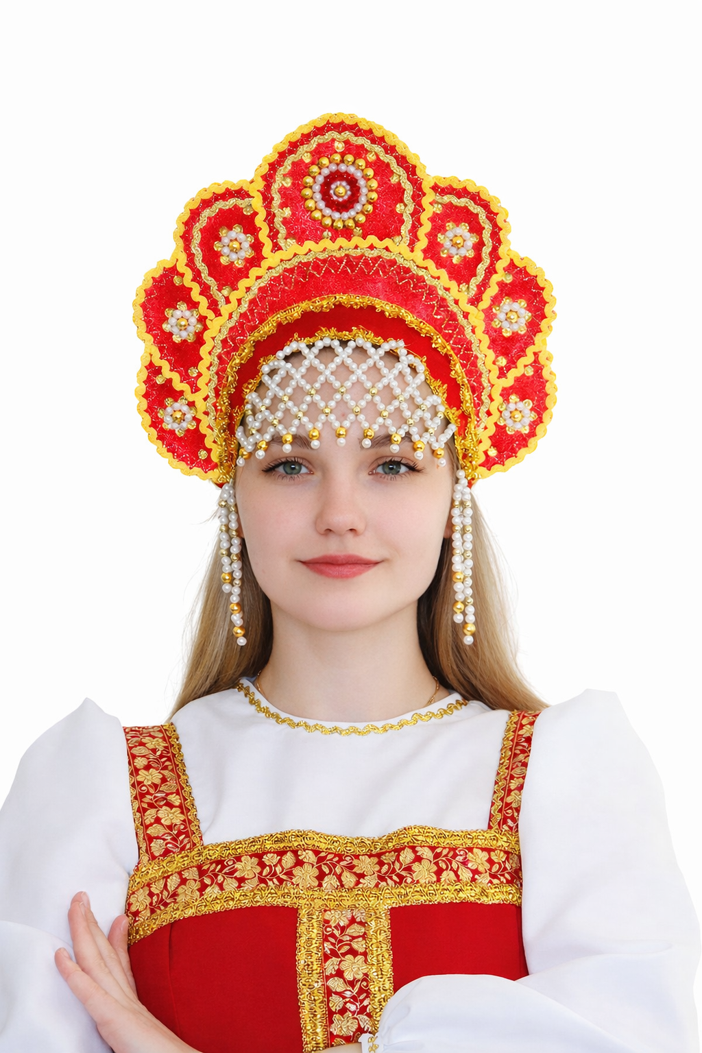 3070-24 Кокошник «Яна» красный-золото напрокат и купить в Казани по низкой оптовой цене, доставка по всей России