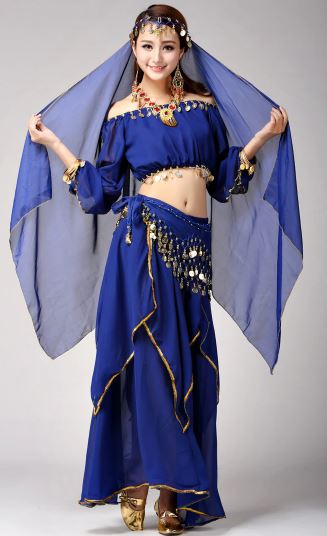 2209-62 Восточный костюм синий-4части(платок с монетами,топ,юбка,платок на голову)