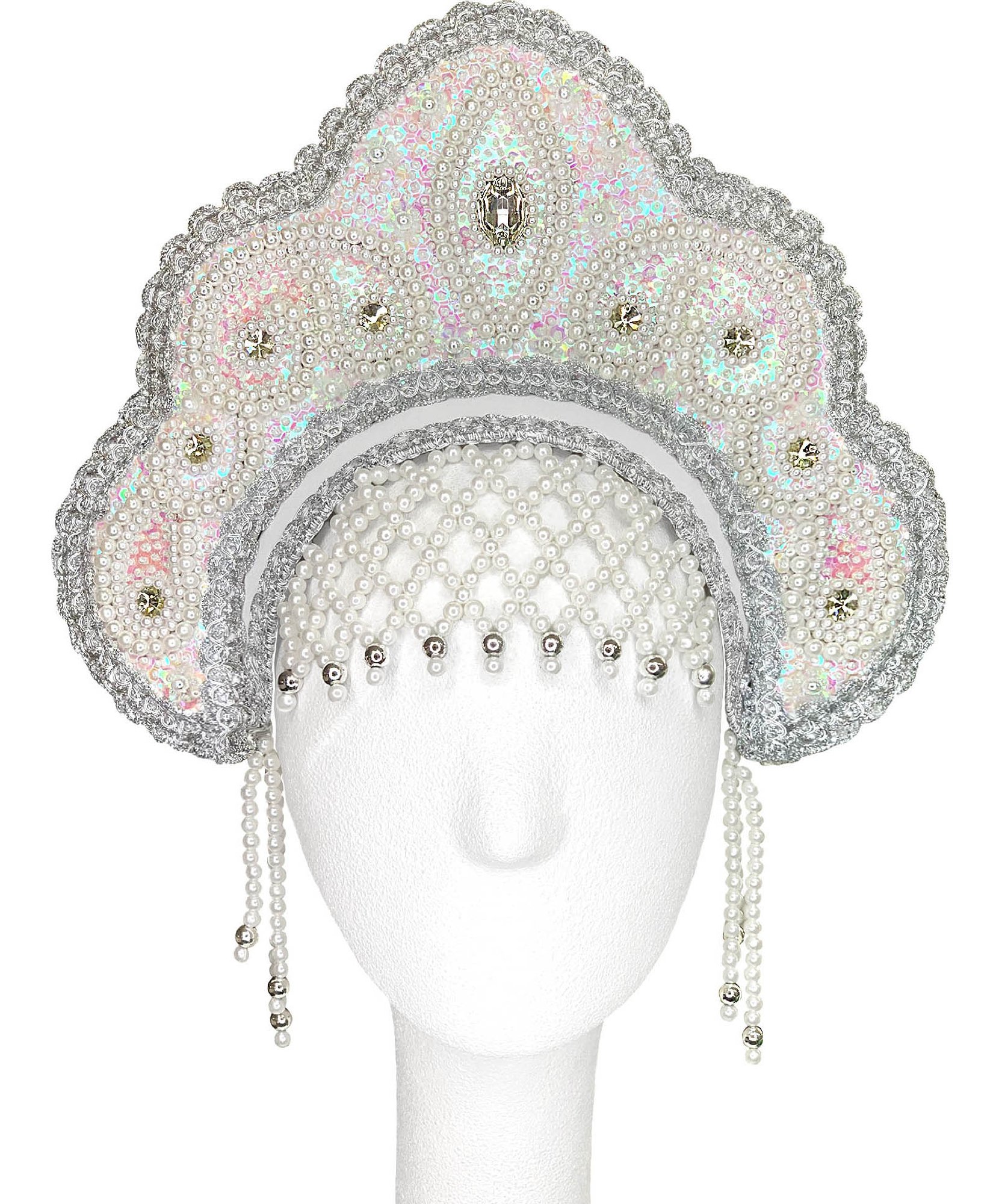 3070-30 Кокошник Яна белый-серебро напрокат и купить в Казани по низкой оптовой цене, доставка по всей России