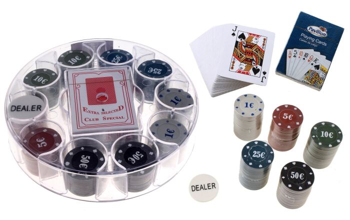 4616-2 Игра, набор для покера (100 фишек с номиналом, 2 колоды карт), в круглой пластиковой коробке напрокат и купить в Казани по низкой оптовой цене, доставка по всей России
