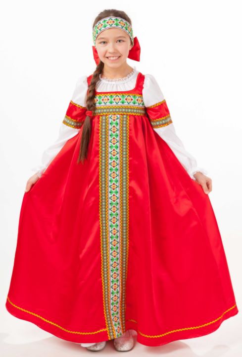 1100-24 Костюм национальный с красным длинным платьем (110-146)  R напрокат и купить в Казани по низкой оптовой цене, доставка по всей России